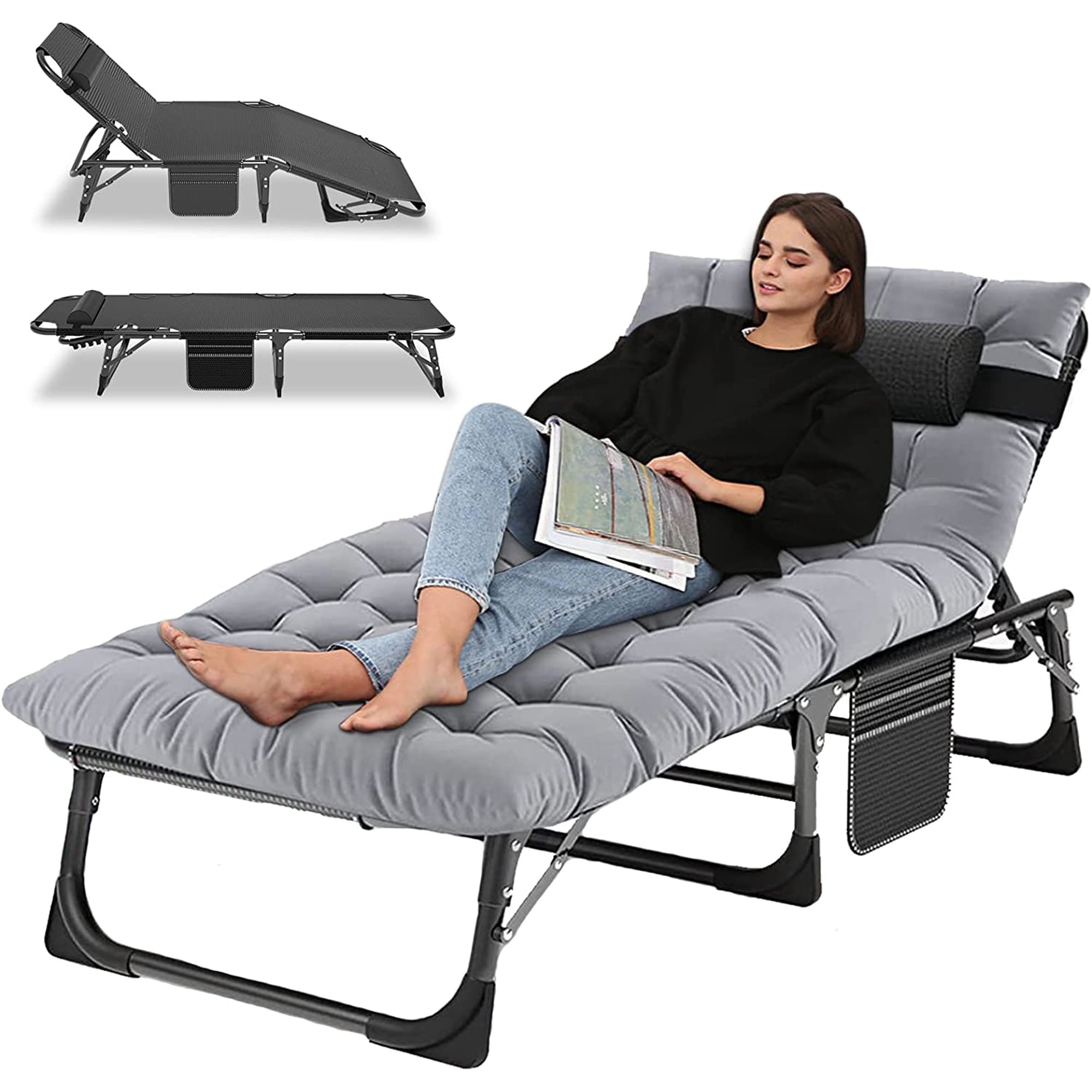 Slsy Portable Folding Camping Cot Bed with 2 Sided Mattress & Pillow, Adjustable 5-Position Folding Lounge Chair, Folding Rollaway Guest Bed