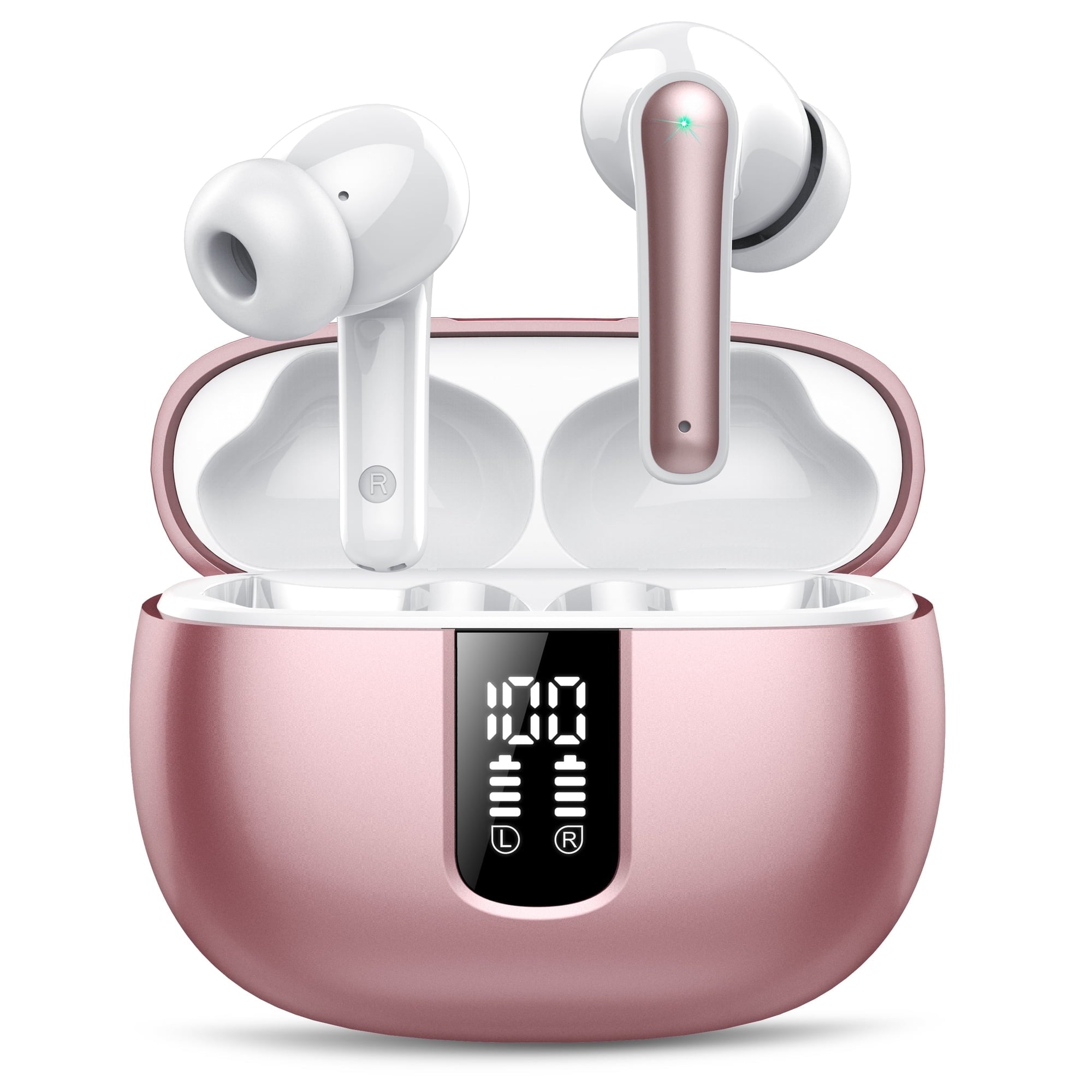 Bluetooth Headphones True Wireless Earbuds 40H Long Playback, Stereo Deep Bass, LED Display, IPX7, Lightweight in Ear Earphone, Noise Cancelling Headphones with Mic for iPhone Android, Pink