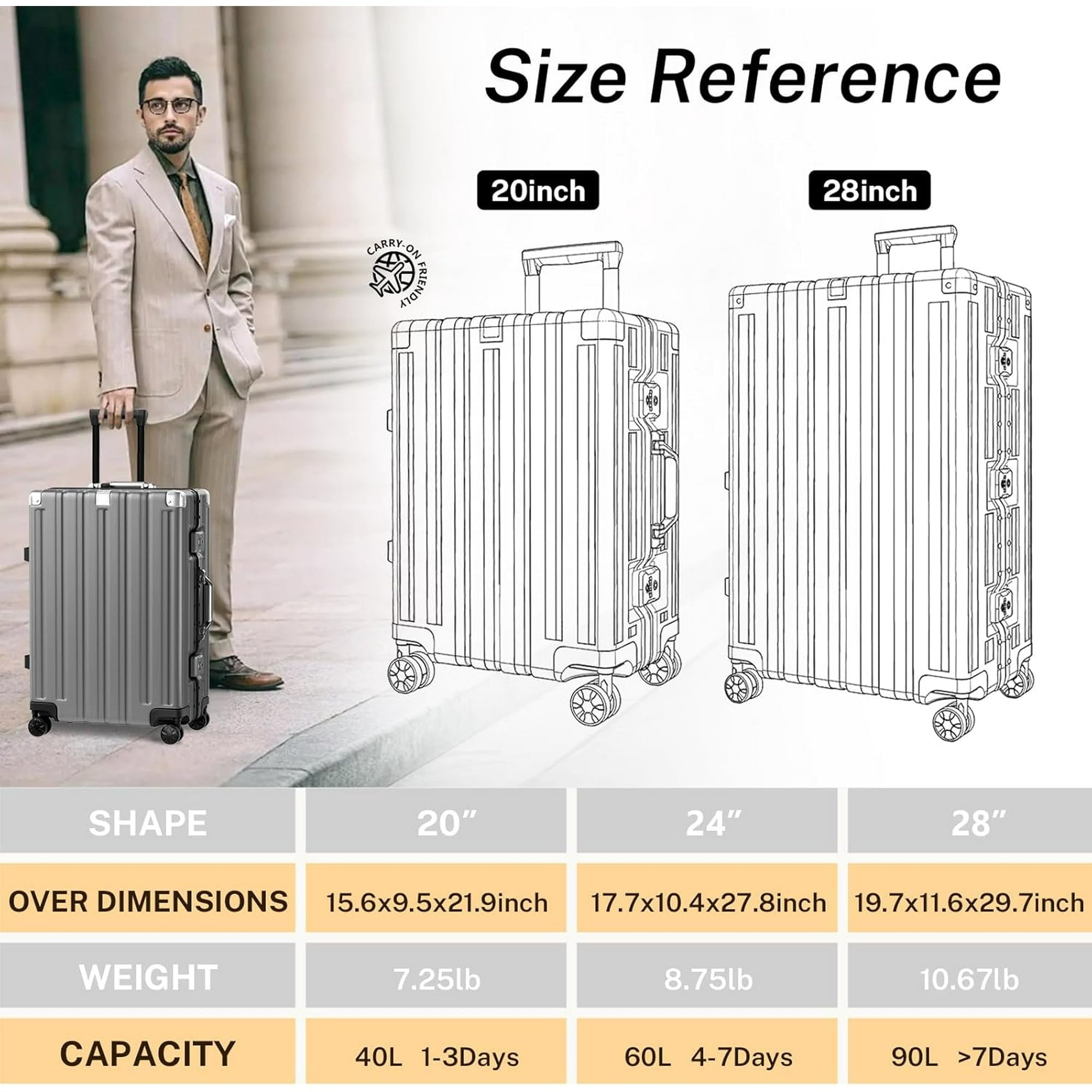 Checked Luggage Aluminum Frame Suitcase with Wheels PC ABS Hardside Zipperless with TSA Lock 28 Inch Gray