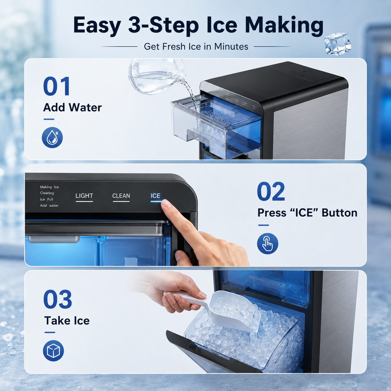 Friwest Nugget Ice Maker Countertop, 44lbs/Day Soft Chewable Pebble Nugget Ice Machine, One-Touch Self-Cleaning with Touch Screen for Home, Kitchen, Office, Stainless Steel, Black