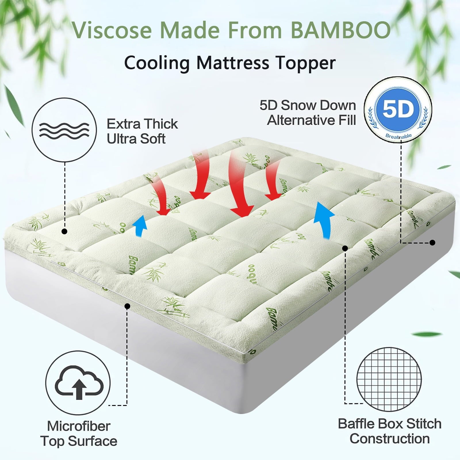 Mattress Topper California King Size Bed,Bamboo Extra Thick Mattress Pad Cover Soft Plush Noiseless Down Alternative Fill,with 8-21" Deep Pocket