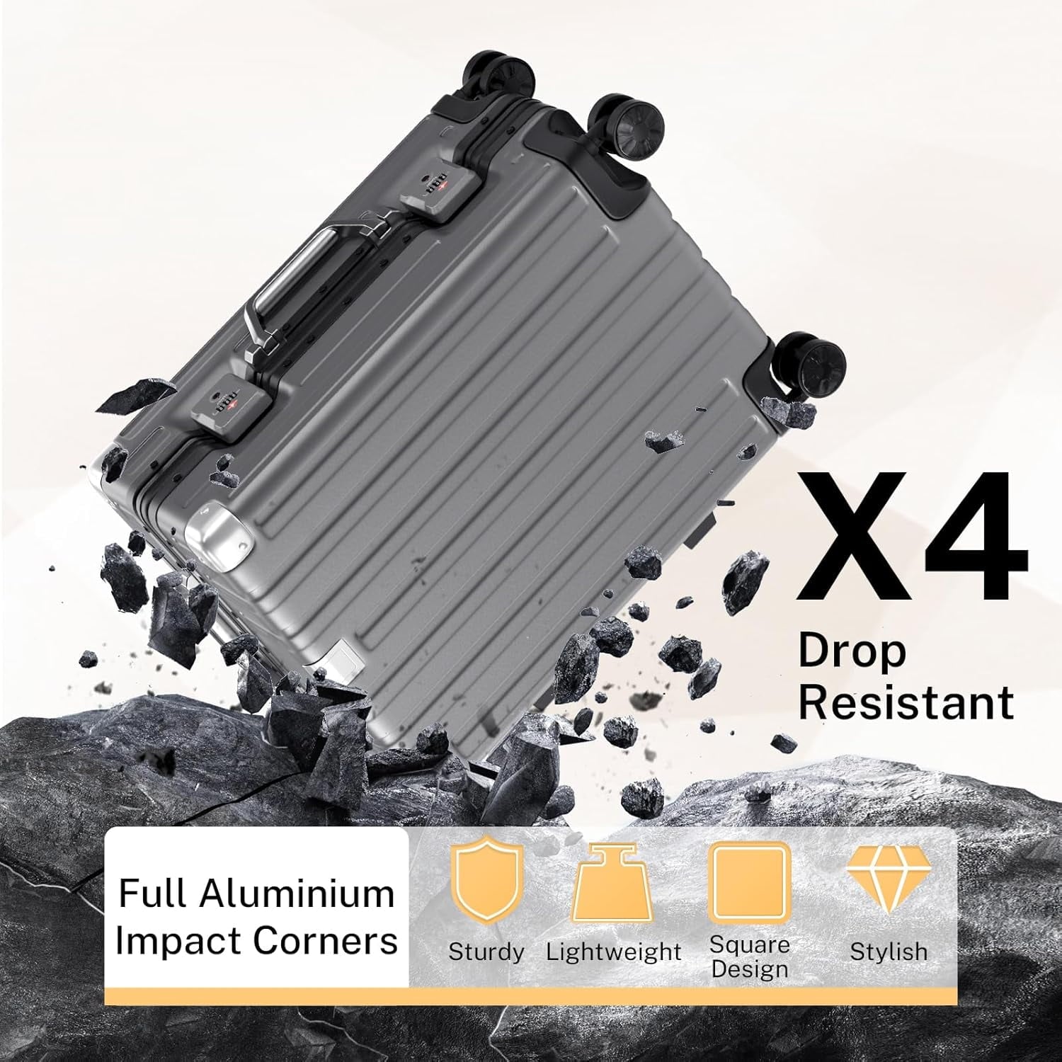 Checked Luggage Aluminum Frame Suitcase with Wheels PC ABS Hardside Zipperless with TSA Lock 28 Inch Gray