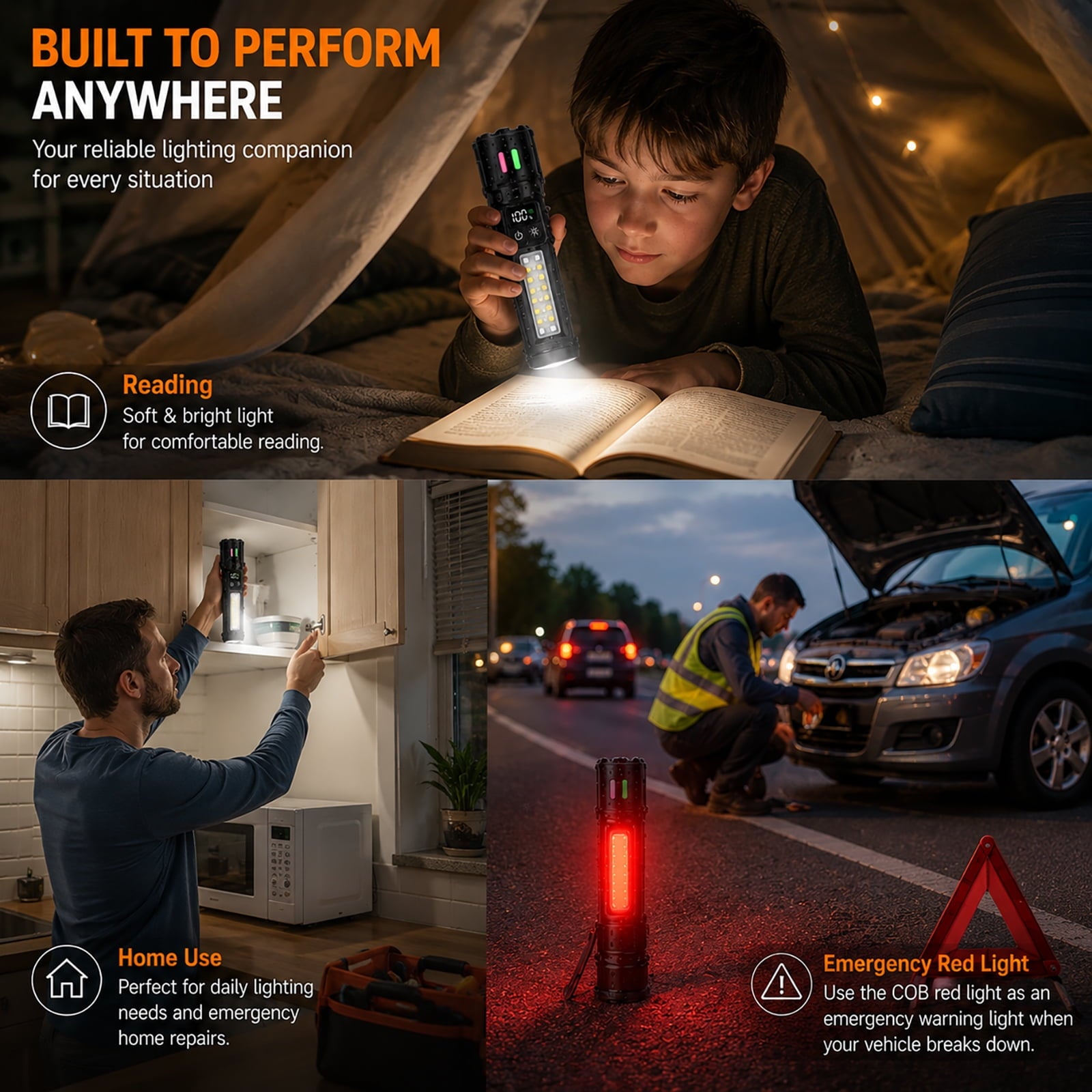 Rechargeable Flashlight with COB Work Light, High Lumen LED Flashlight with Digital Power Display, Dual Switch, IPX6 Waterproof, 3000mAh Battery & Bonus Mini UV Flashlight