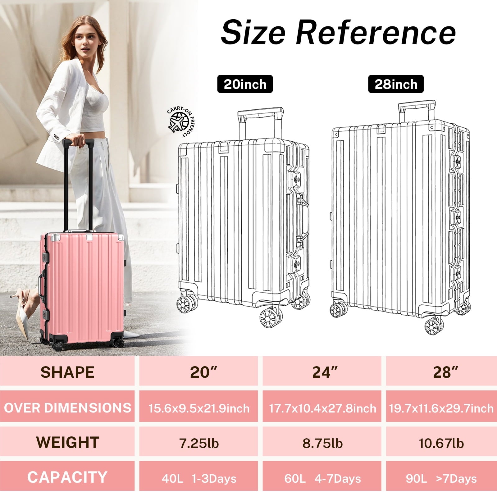Checked Luggage Aluminum Frame Suitcase with Wheels PC ABS Hardside Zipperless with TSA Lock 28 Inch Pink