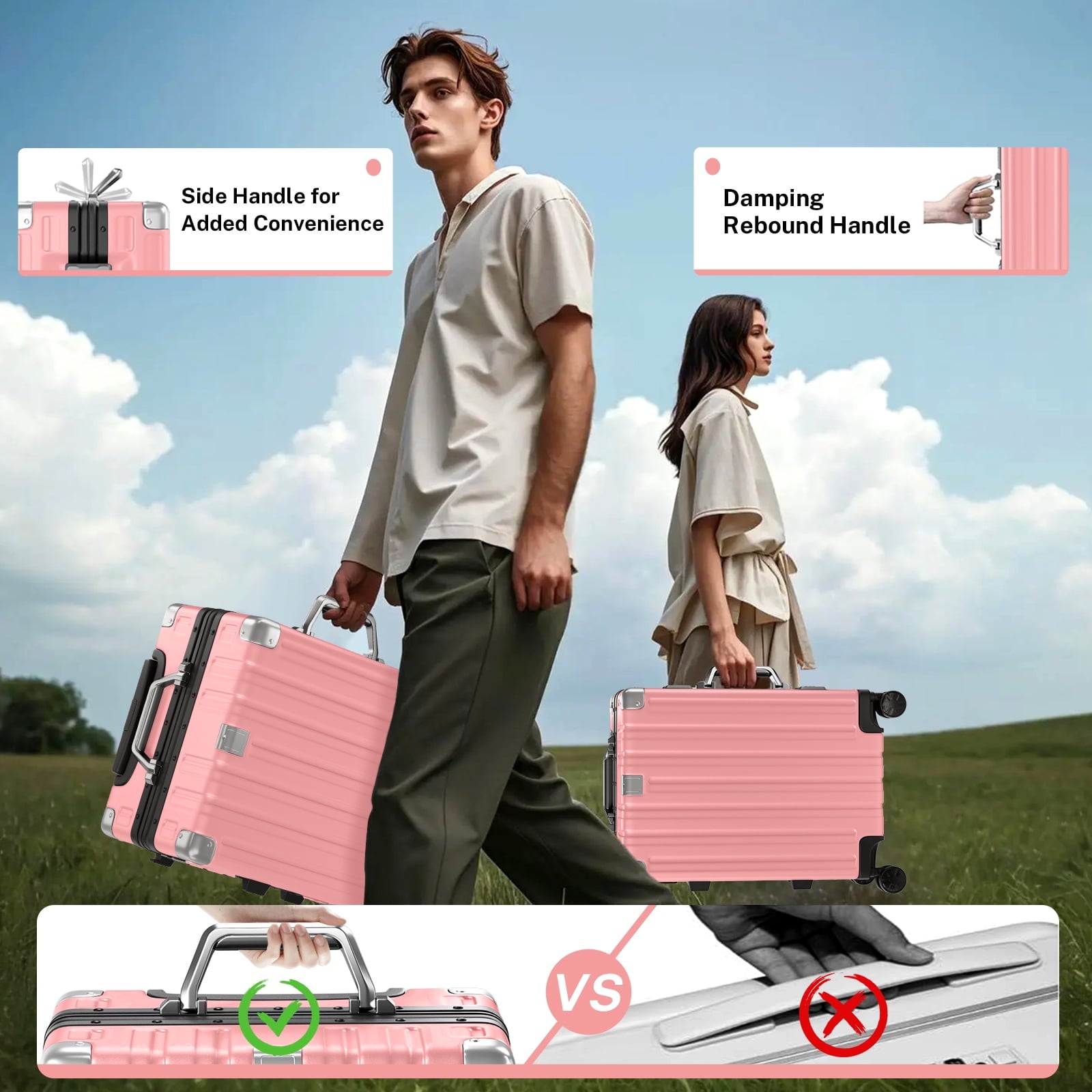 Checked Luggage Aluminum Frame Suitcase with Wheels PC ABS Hardside Zipperless with TSA Lock 28 Inch Pink