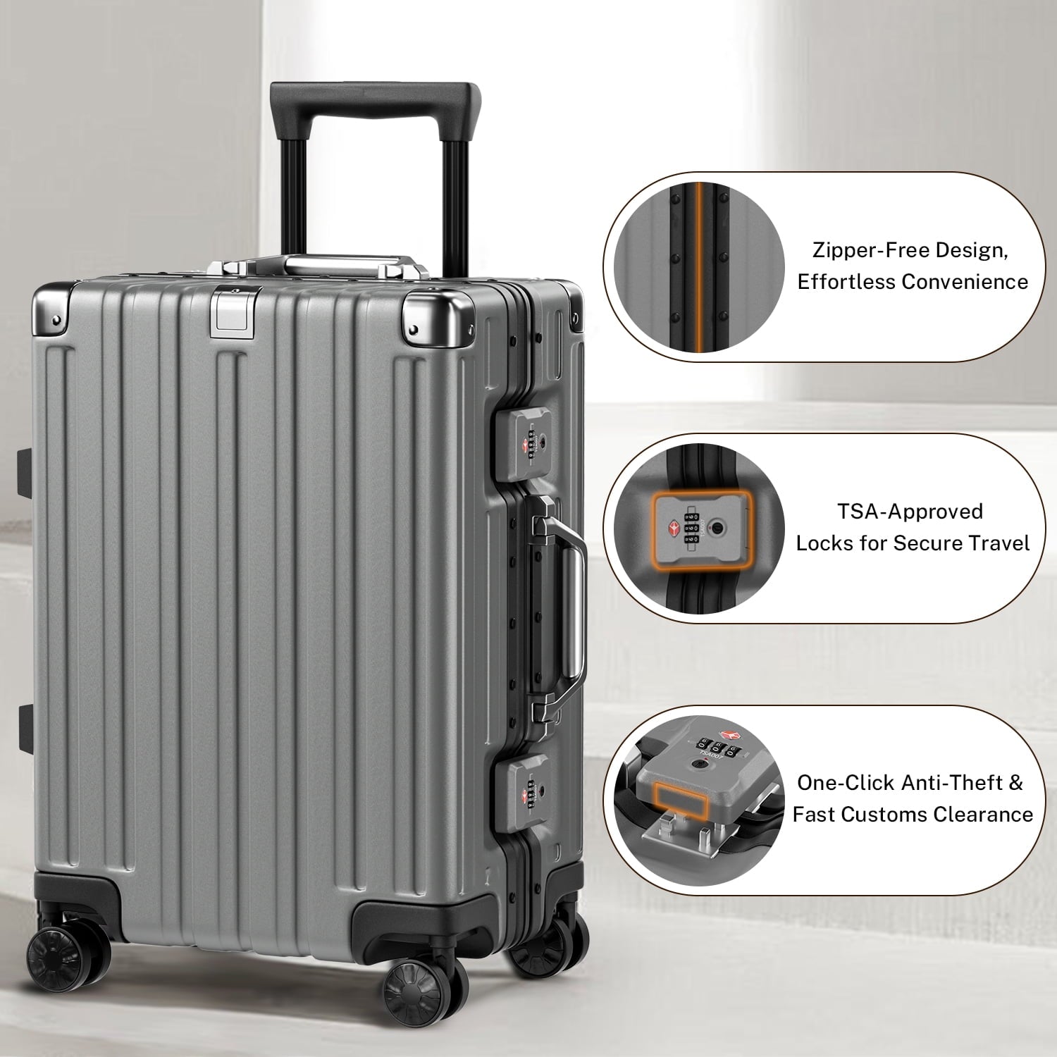 Checked Luggage Aluminum Frame Suitcase with Wheels PC ABS Hardside Zipperless with TSA Lock 28 Inch Gray