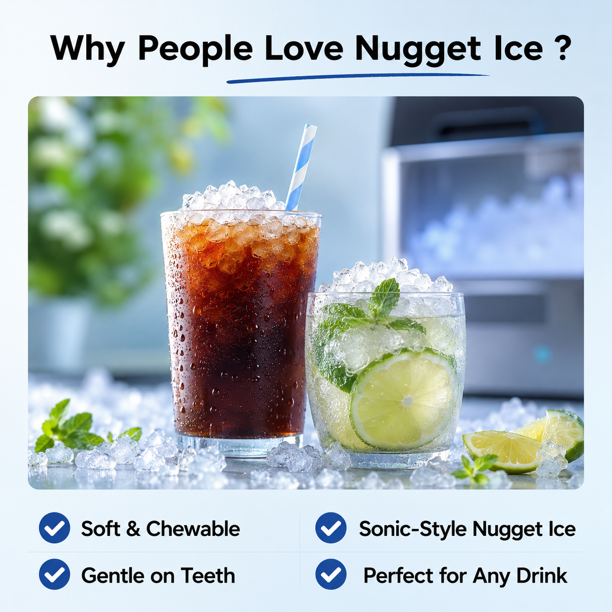 Friwest Nugget Ice Maker Countertop, 44lbs/Day Soft Chewable Pebble Nugget Ice Machine, One-Touch Self-Cleaning with Touch Screen for Home, Kitchen, Office, Stainless Steel, Black