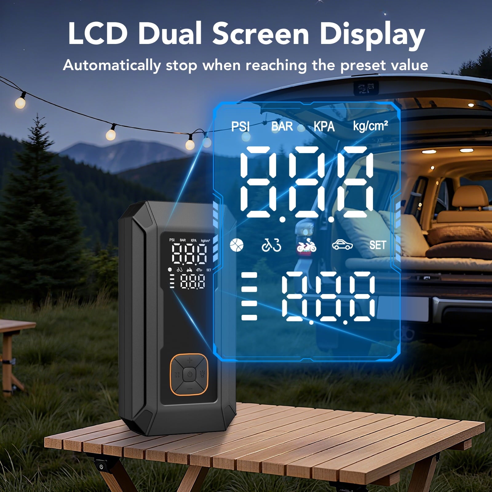 KT1 Car Jump Starter with Air Compressor, 150 PSI, 15000MAH Power Bank, 4000A Jump Starter, Fast Inflation for Car Tires, Bikes, SUV, Trucks & More - Portable Air Compressor with LED Light