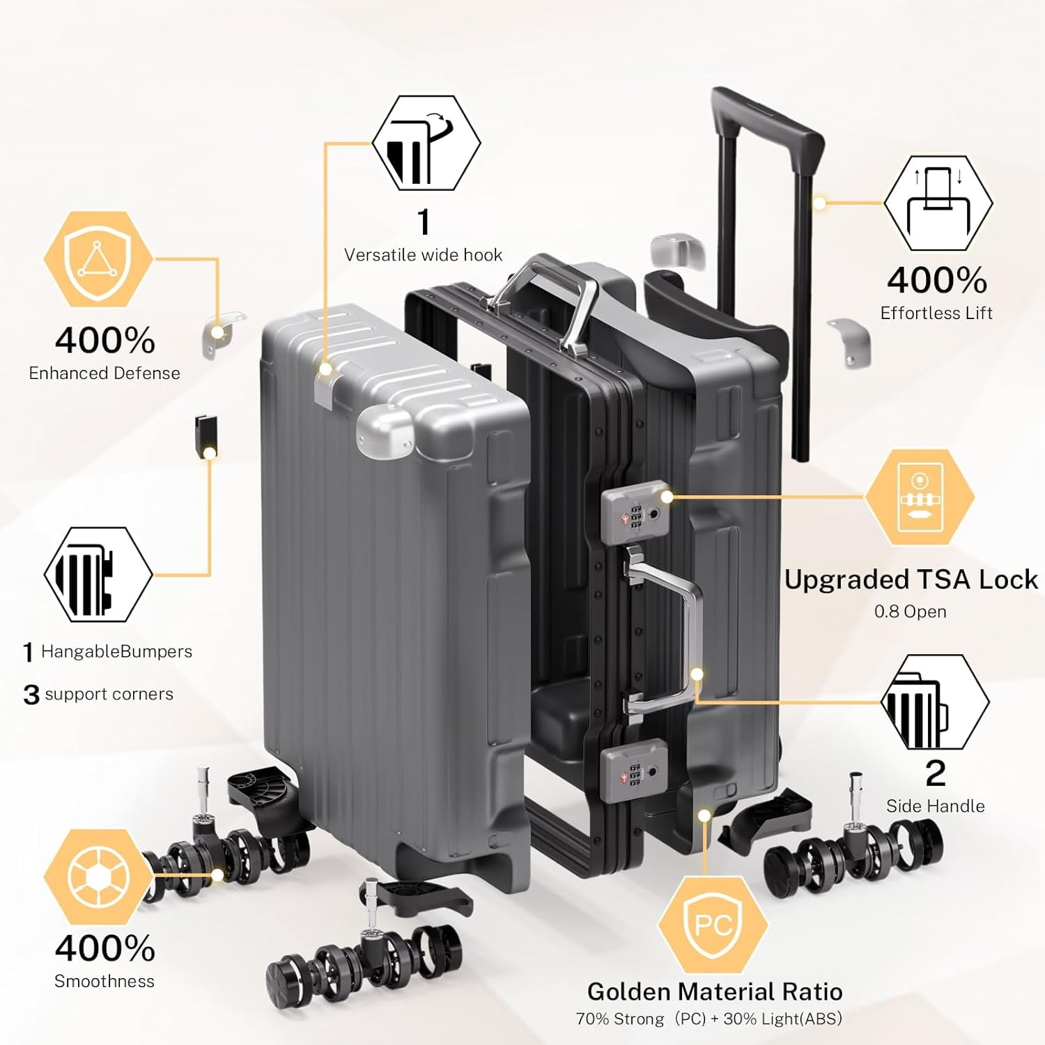 Checked Luggage Aluminum Frame Suitcase with Wheels PC ABS Hardside Zipperless with TSA Lock 28 Inch Gray