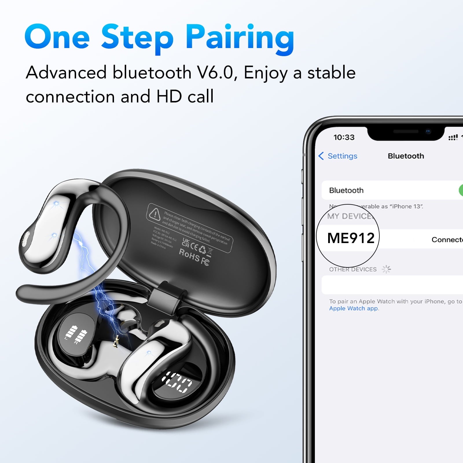 Open Ear Earbuds, Bluetooth 6.0 Wireless Earbuds with Ear Hooks, 64Hrs Playtime Bluetooth Headphones, HD Stereo Bass Over Ear Earphones, IP8 Waterproof Ear Buds for Workout/Running, Black
