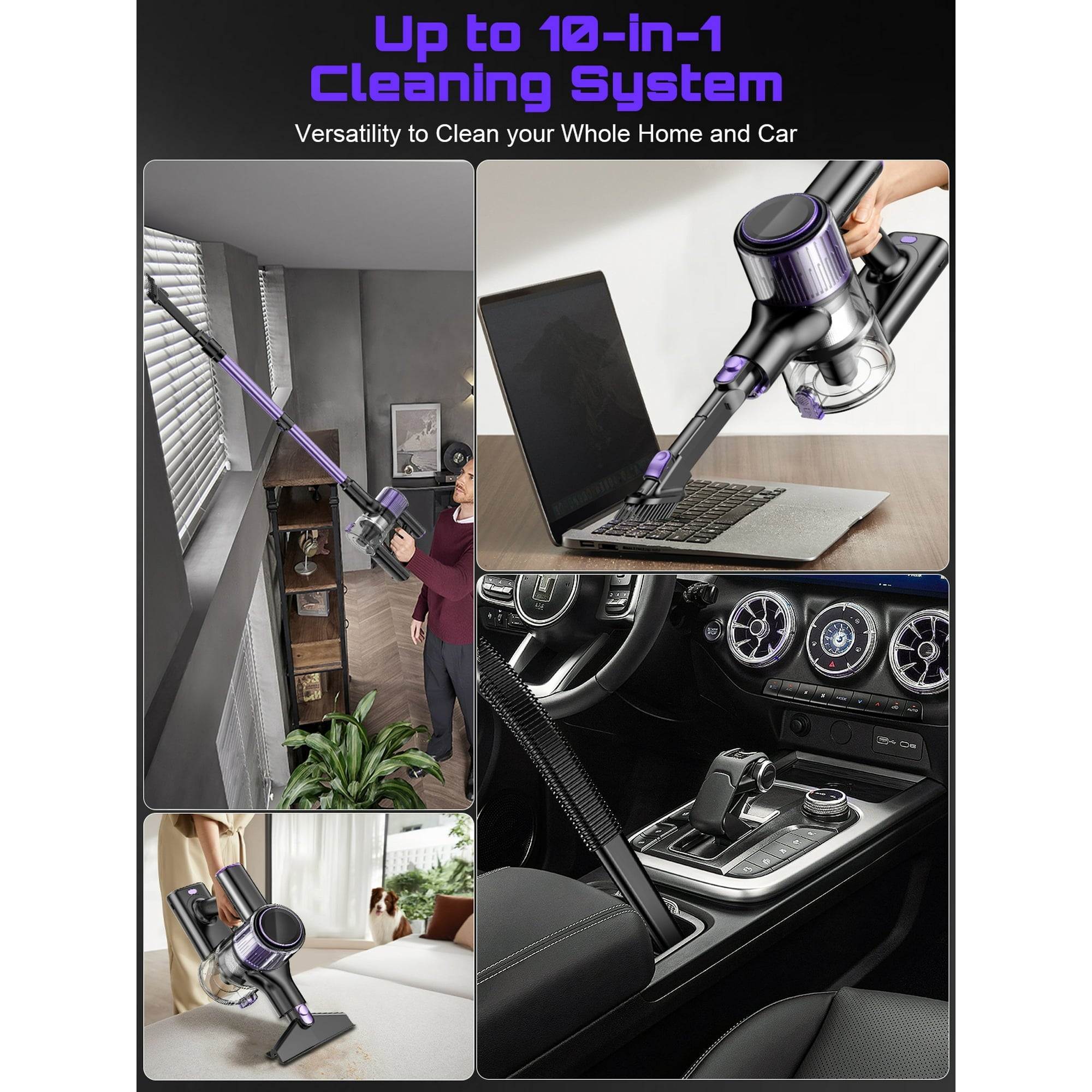 SUXIANGVAC Cordless Vacuum Cleaner, 40Kpa 8 in 1 Lightweight, Anti-Tangle Brush with Green Light, Violet