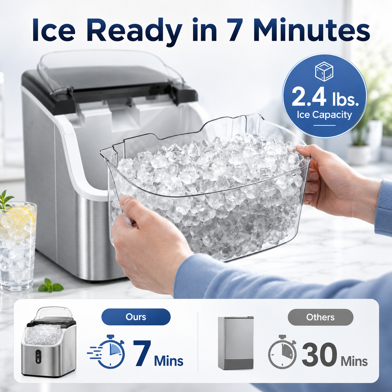 Friwest Nugget Ice Maker Countertop, 35lbs/24H Portable Sonic Ice Machine with Self-Cleaning, Chewable Pellet Ice Maker for Home Kitchen Office RV, Stainless Steel
