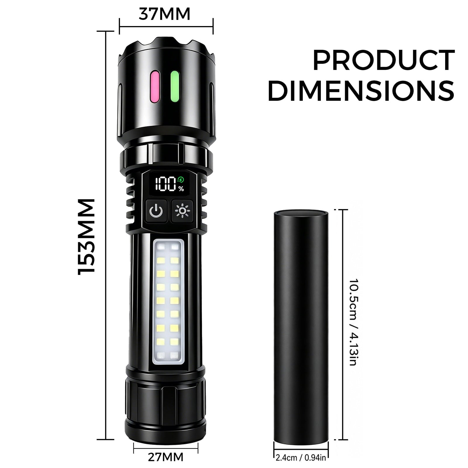 Rechargeable Flashlight with COB Work Light, High Lumen LED Flashlight with Digital Power Display, Dual Switch, IPX6 Waterproof, 3000mAh Battery & Bonus Mini UV Flashlight