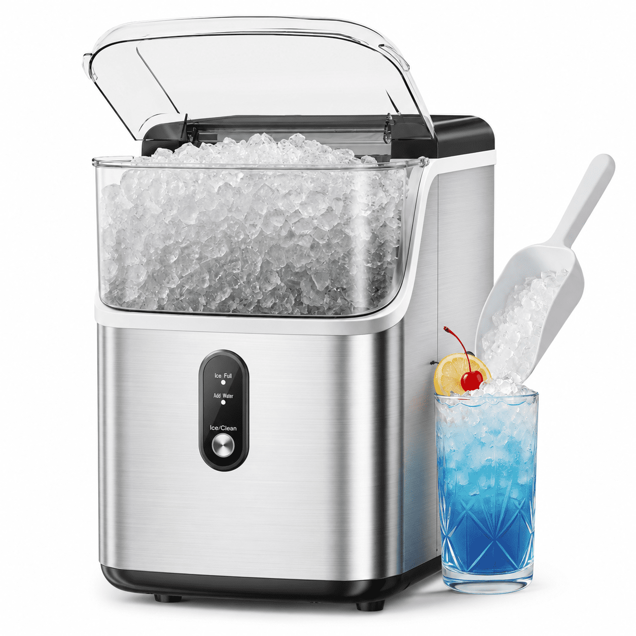 Friwest Nugget Ice Maker Countertop, 35lbs/24H Portable Sonic Ice Machine with Self-Cleaning, Chewable Pellet Ice Maker for Home Kitchen Office RV, Stainless Steel