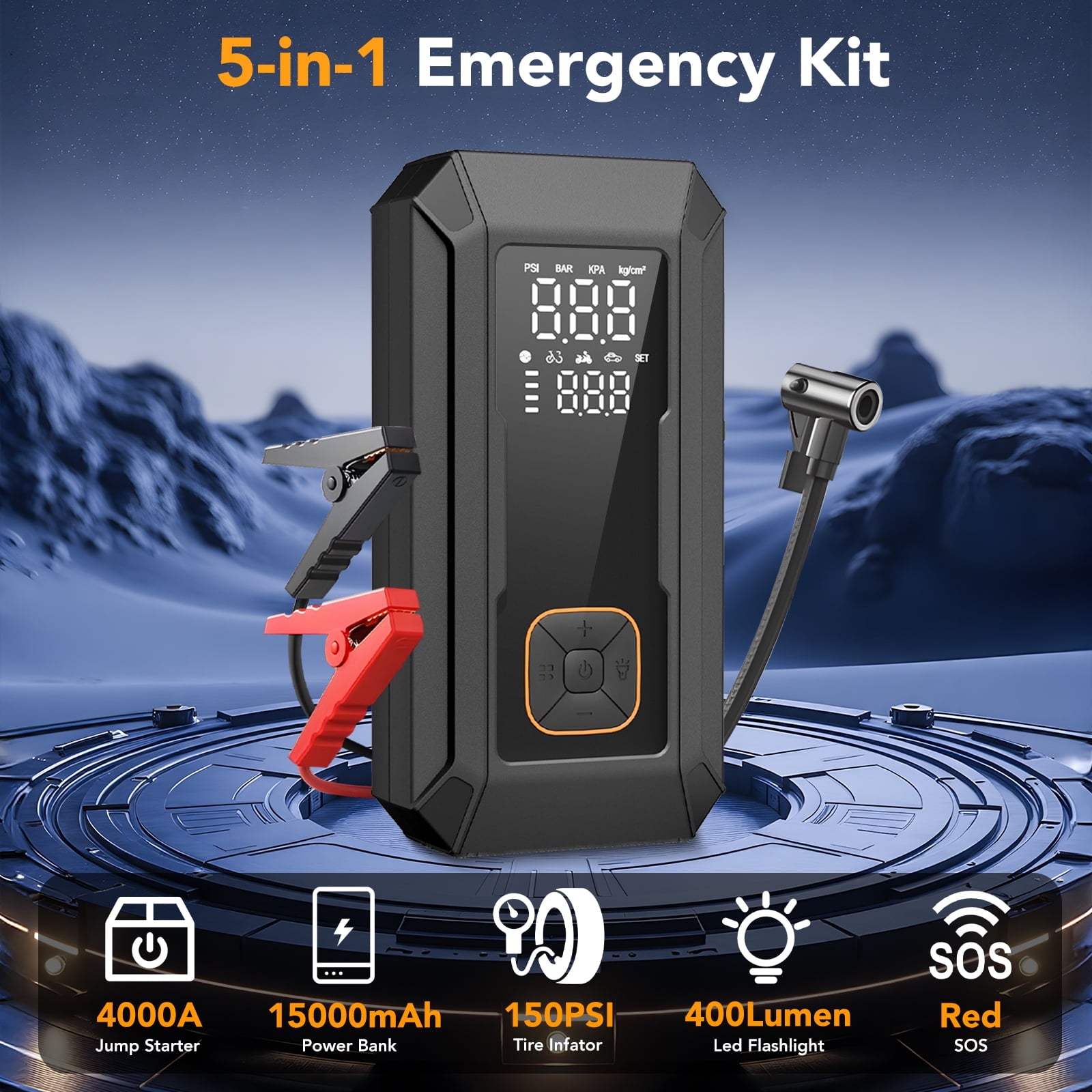 KT1 Car Jump Starter with Air Compressor, 150 PSI, 15000MAH Power Bank, 4000A Jump Starter, Fast Inflation for Car Tires, Bikes, SUV, Trucks & More - Portable Air Compressor with LED Light