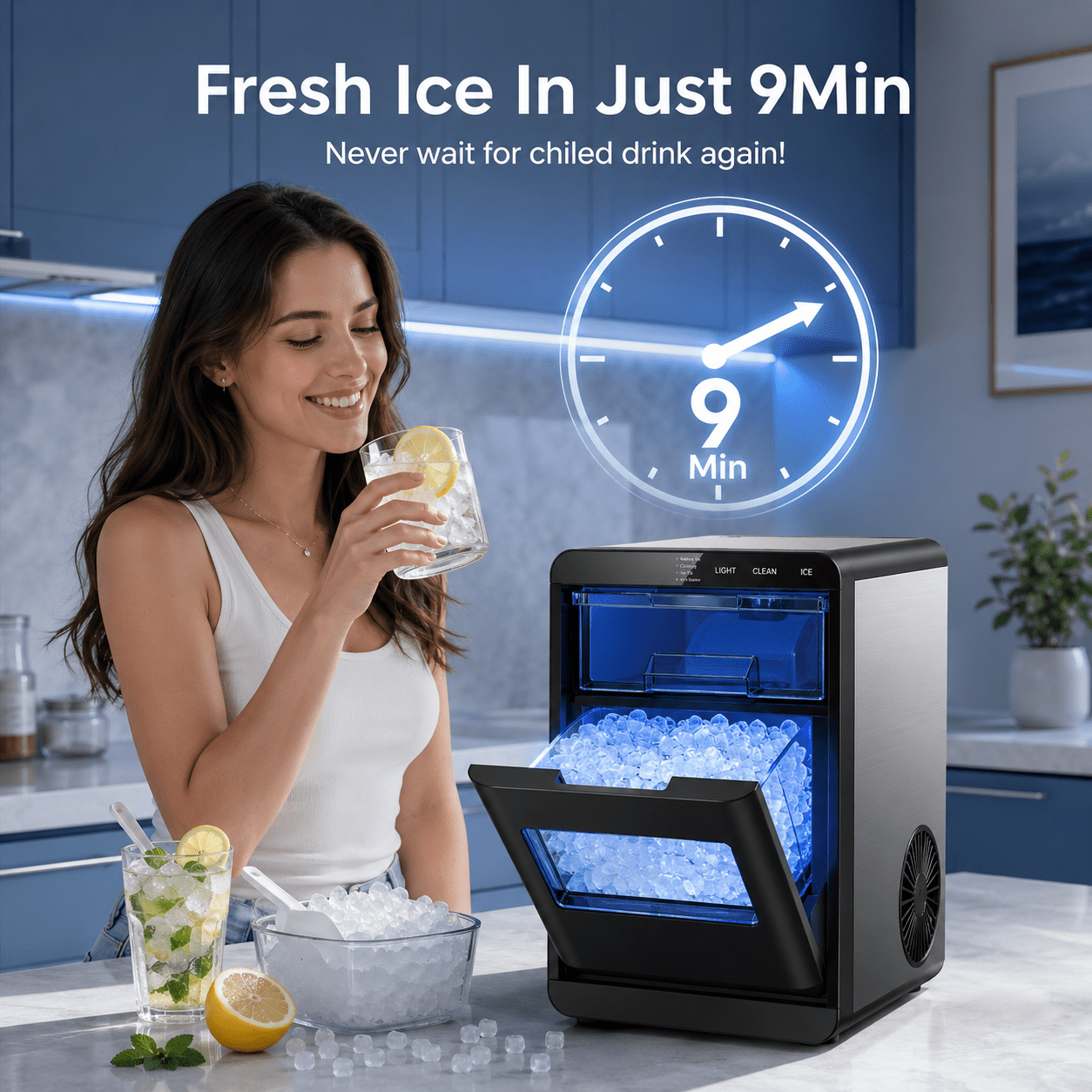 Friwest Nugget Ice Maker Countertop, 44lbs/Day Soft Chewable Pebble Nugget Ice Machine, One-Touch Self-Cleaning with Touch Screen for Home, Kitchen, Office, Stainless Steel, Black