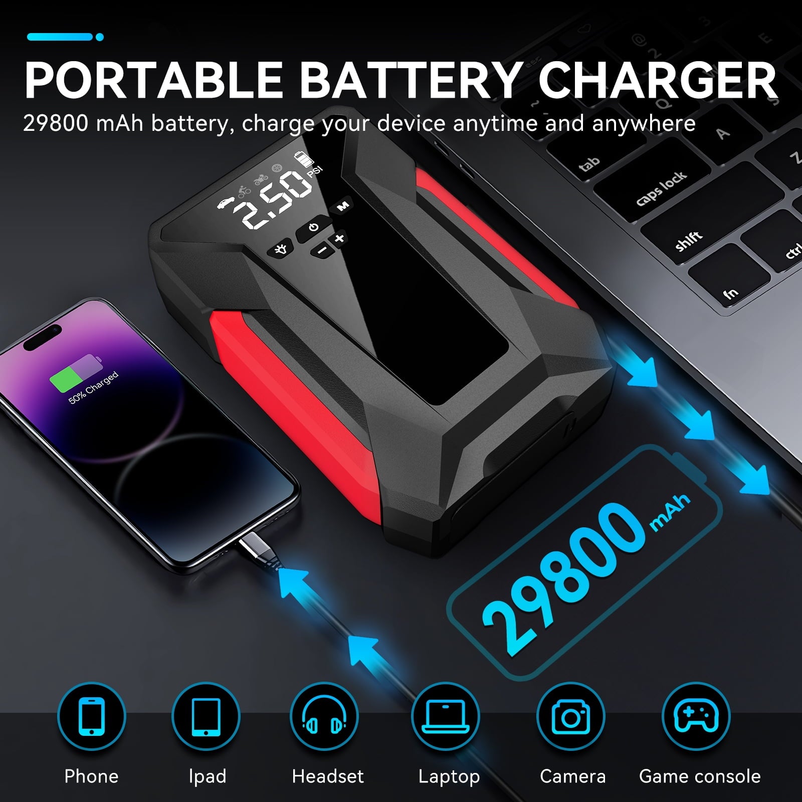 8-in-1 Emergency Jump Starter & Tire Inflator – 4000A Peak for Gas/Diesel Engines, 150PSI Auto-Stop Air Compressor, LED Light + Power Bank | All-Climate (-40°F) Roadside Savior