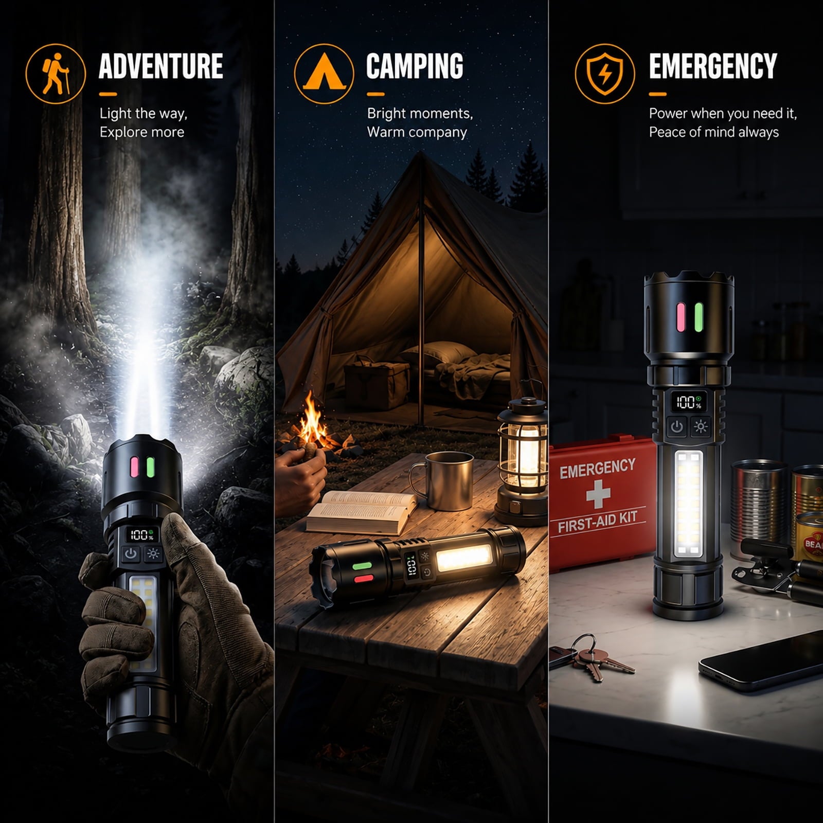 Rechargeable Flashlight with COB Work Light, High Lumen LED Flashlight with Digital Power Display, Dual Switch, IPX6 Waterproof, 3000mAh Battery & Bonus Mini UV Flashlight