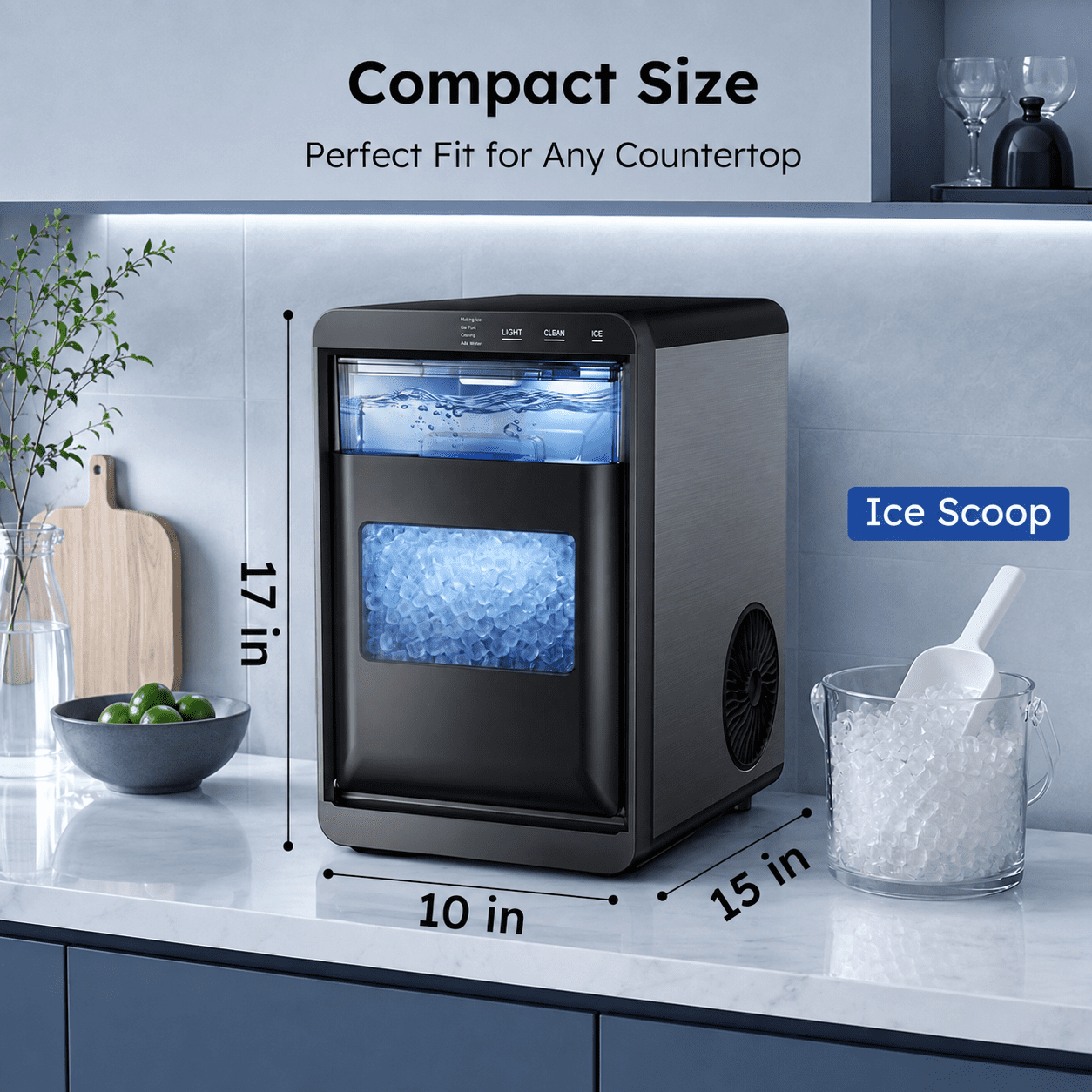 Friwest Nugget Ice Maker Countertop, 44lbs/Day Soft Chewable Pebble Nugget Ice Machine, One-Touch Self-Cleaning with Touch Screen for Home, Kitchen, Office, Stainless Steel, Black