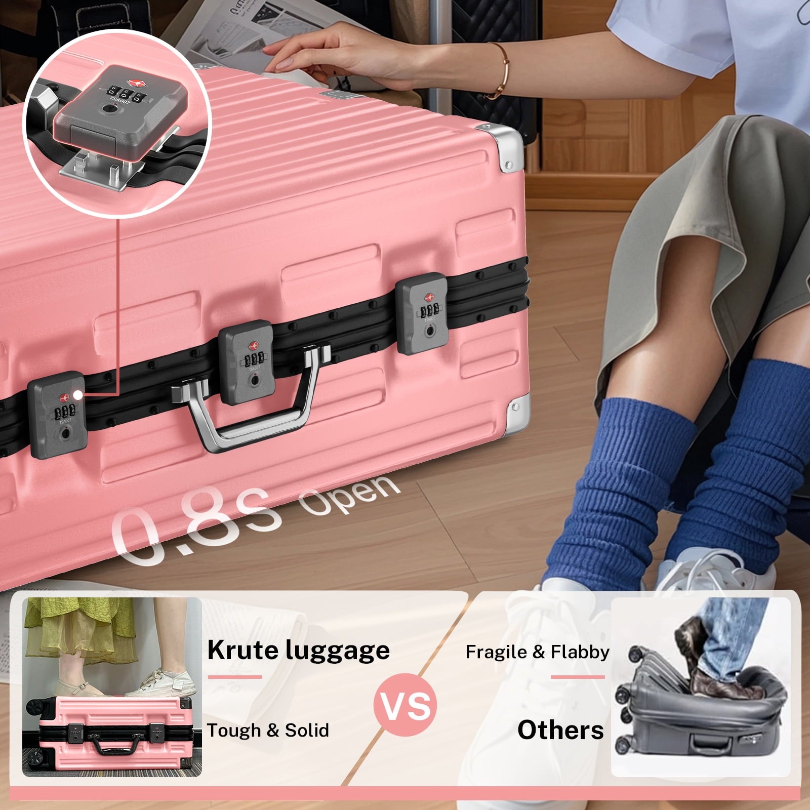 Checked Luggage Aluminum Frame Suitcase with Wheels PC ABS Hardside Zipperless with TSA Lock 28 Inch Pink